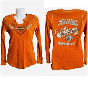 Harley Davidson sz M Orange Waffle Knit Longe Sleeve Graphic Thermal Tee Shirt